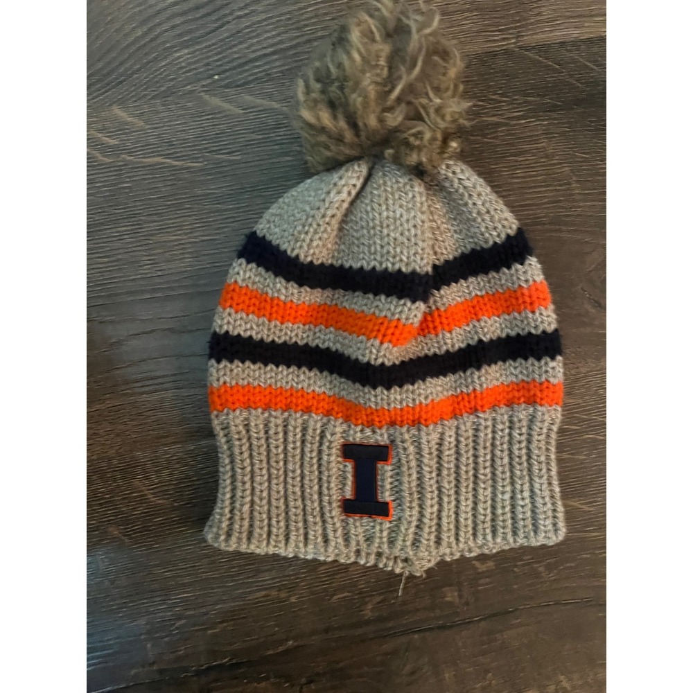 Legacy Illinois Fighting Illini Knit Beanie Hat Pom Pom Grey Orange Navy Striped